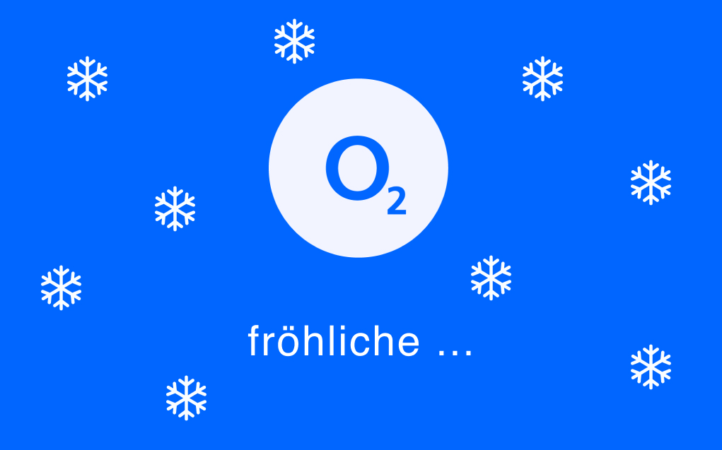 o2-Logo auf blauem Grund mit Schneeflocken, darunter das Wort "fröhliche".